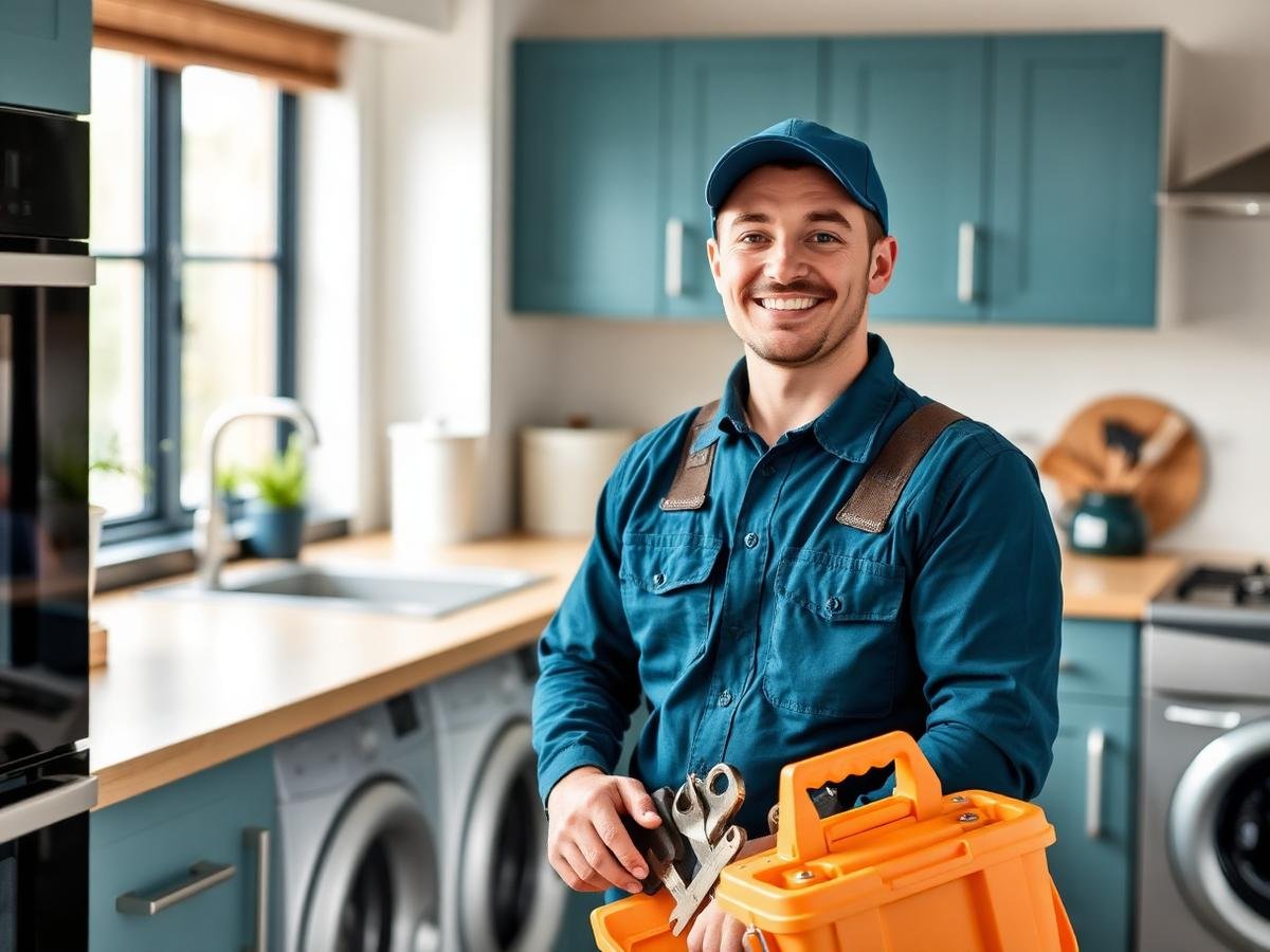 BritServe engineer servicing a washing machine in a home utility room